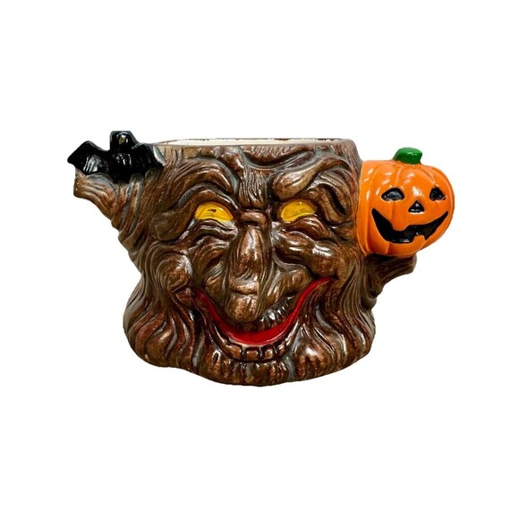 Vintage Holland Floral Inc Halloween Tree Pumpkin Bat Planter 1990 Ceramic - Picture 1 of 7